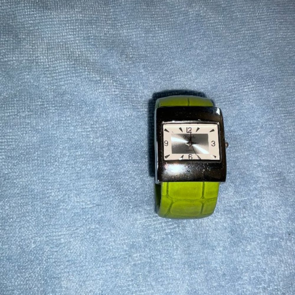 Zanadu Quarts Silver Tone & Lime Green Faux Leather Cuff Watch